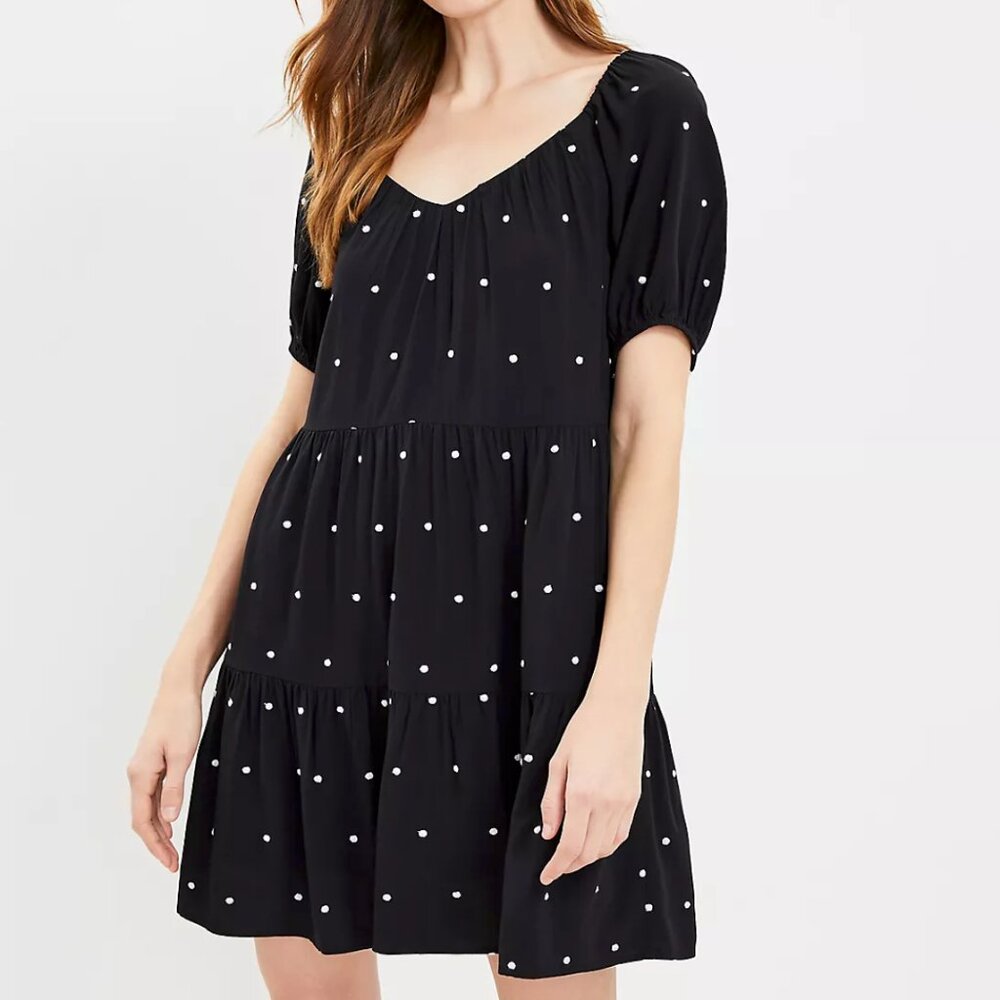 LOFT Black and White Dotted Tiered Swing Dress